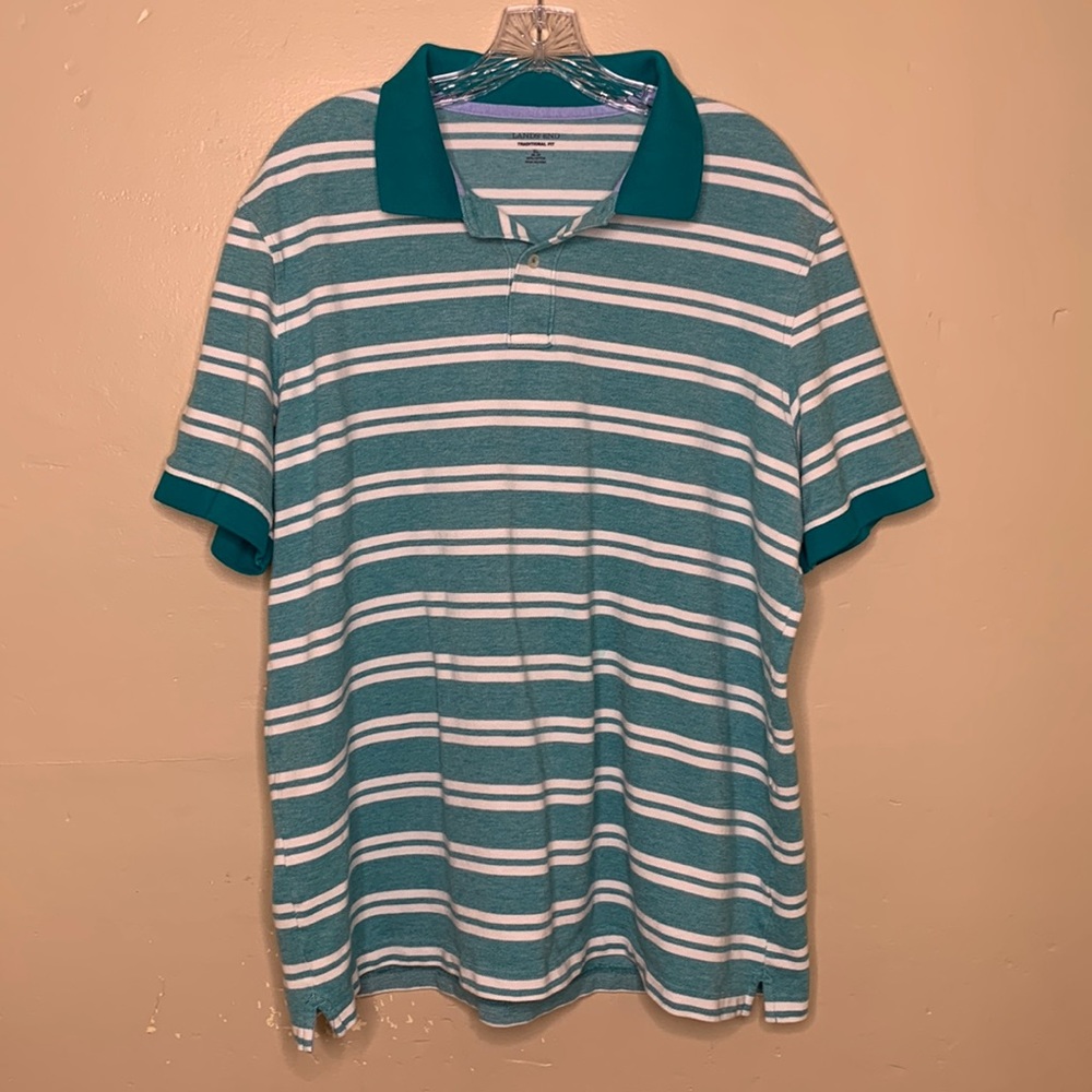LANDS END Shirt Teal White Striped Traditional Polo Style Short Sleeve XL